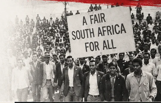 Protest march - a crowd carrying a banner reading A Fair South Africa for All